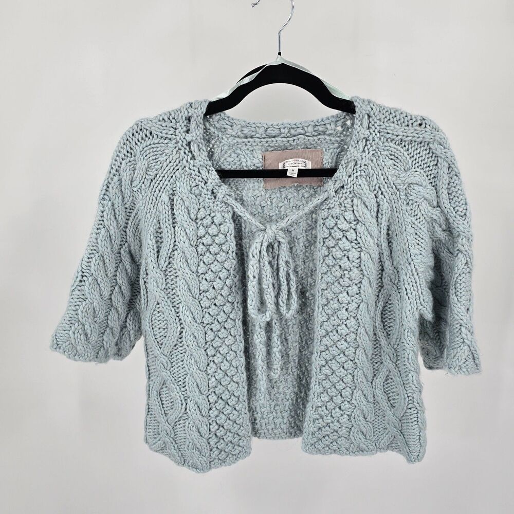 Anthropologie Aphorism Crocheted Light Blue Gray Cardigan Size M